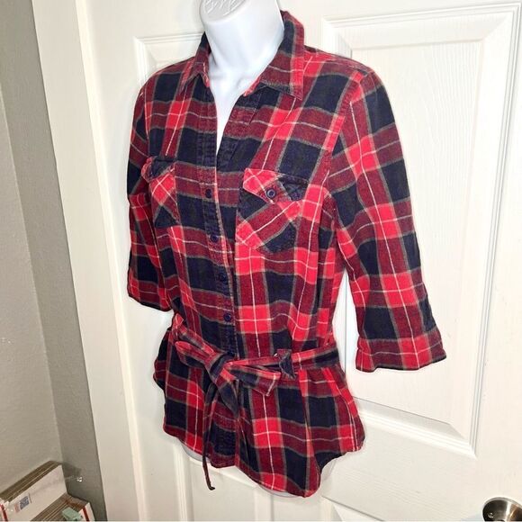 Forever 21 Navy Red Cotton Plaid Button Down Tie Front Top M - Picture 4 of 13